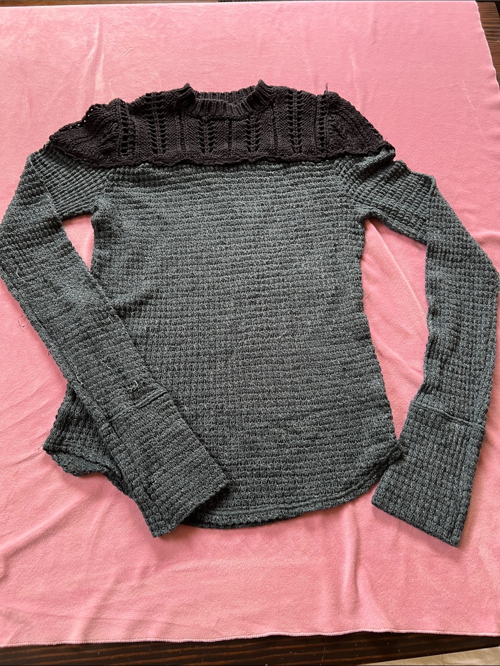 Grey Knit Long-Sleeve Sweater with Black Yoke